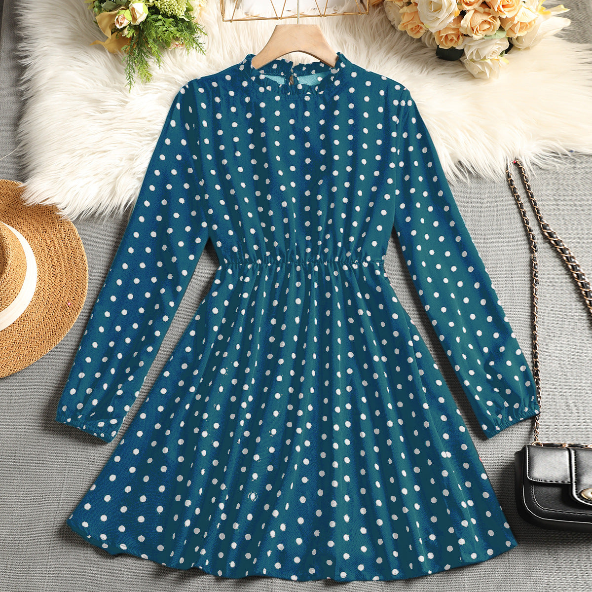 Polka Dot A-Line Dress with Ruffled Mock Neck and Long Sleeves