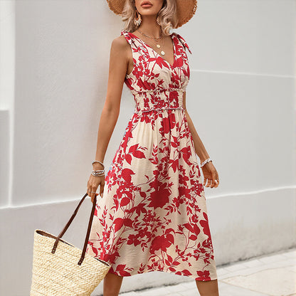 Red Floral A-Line Midi Dress with V-Neck and Ruched Waist