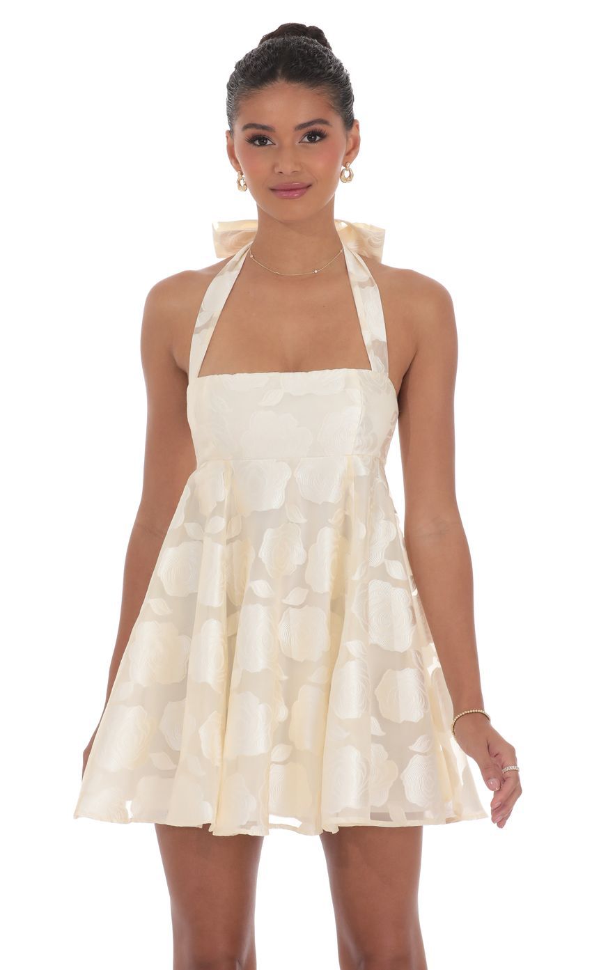 A-Line Halter Mini Dress with Floral Burnout and Back Bow