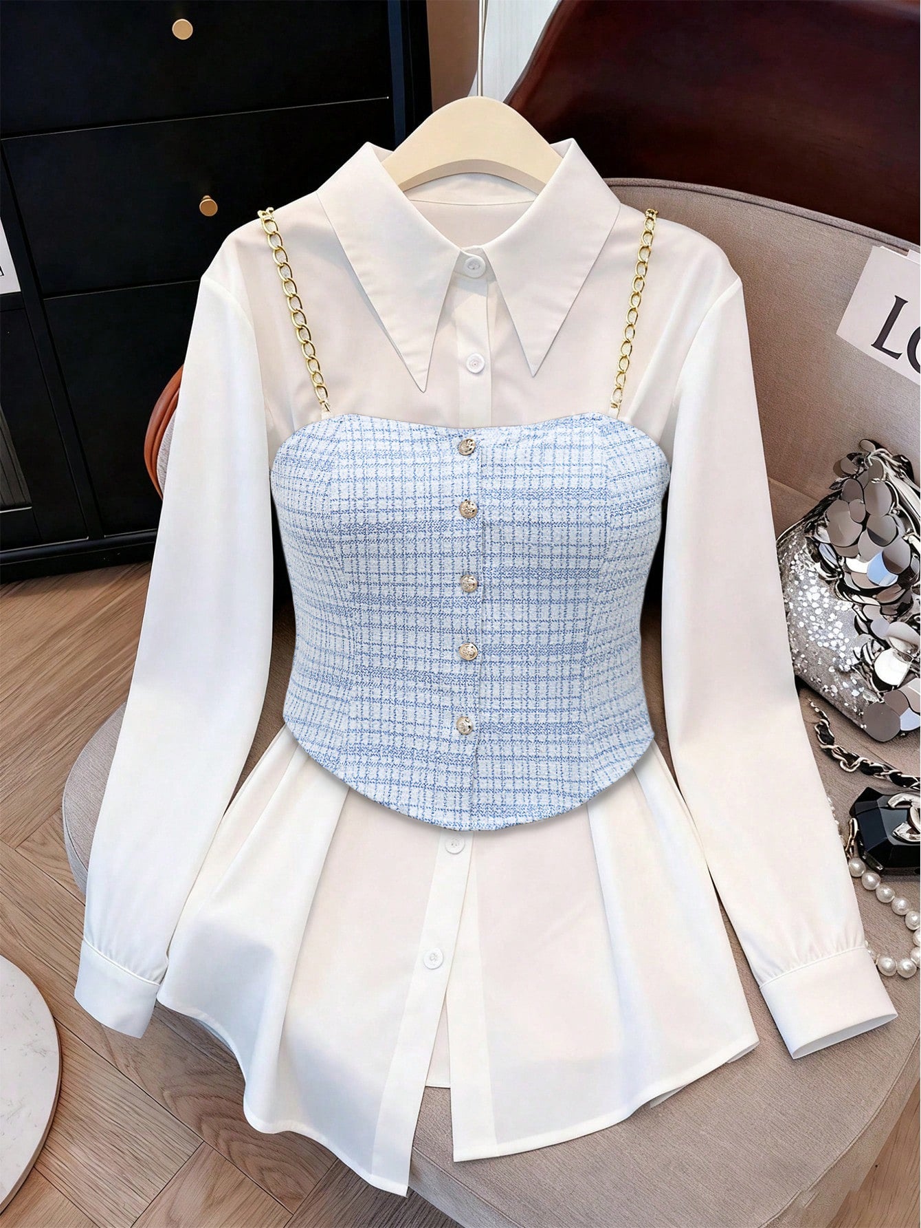 Plaid Tweed Layered Shirt with Chain Straps