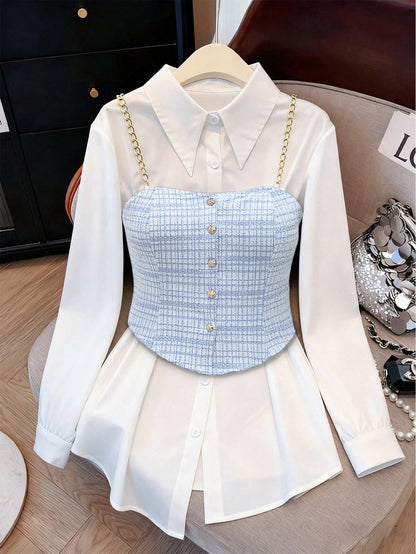 Plaid Tweed Layered Shirt with Chain Straps