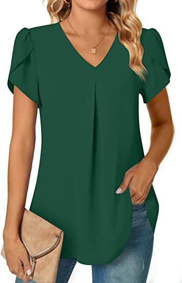 Solid V-Neck Blouse with Petal Sleeves and Pleated Front