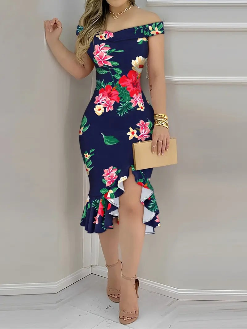Plaid Bodycon Midi Dress with Off-Shoulder and Ruffled Hem