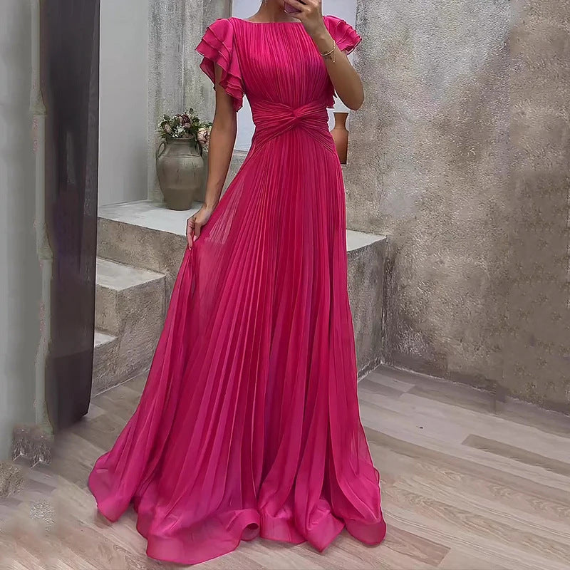 Pleated Maxi Dress with Waist Knot and Ruffle Sleeves