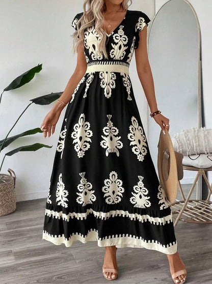 Printed A-Line Maxi Dress with V-Neck
