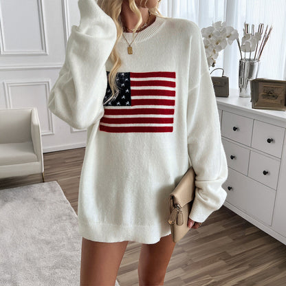 Oversized American Flag Pullover Sweater with Round Neck