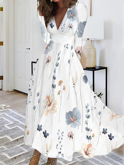 Floral Print Midi Dress with V-Neck and Long Sleeves