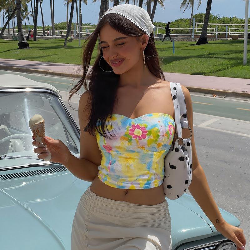 Floral Print Strapless Tube Top with Cropped Hem