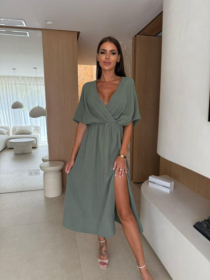 Midi Dress with V-Neck, Elastic Waist, and Side Slit