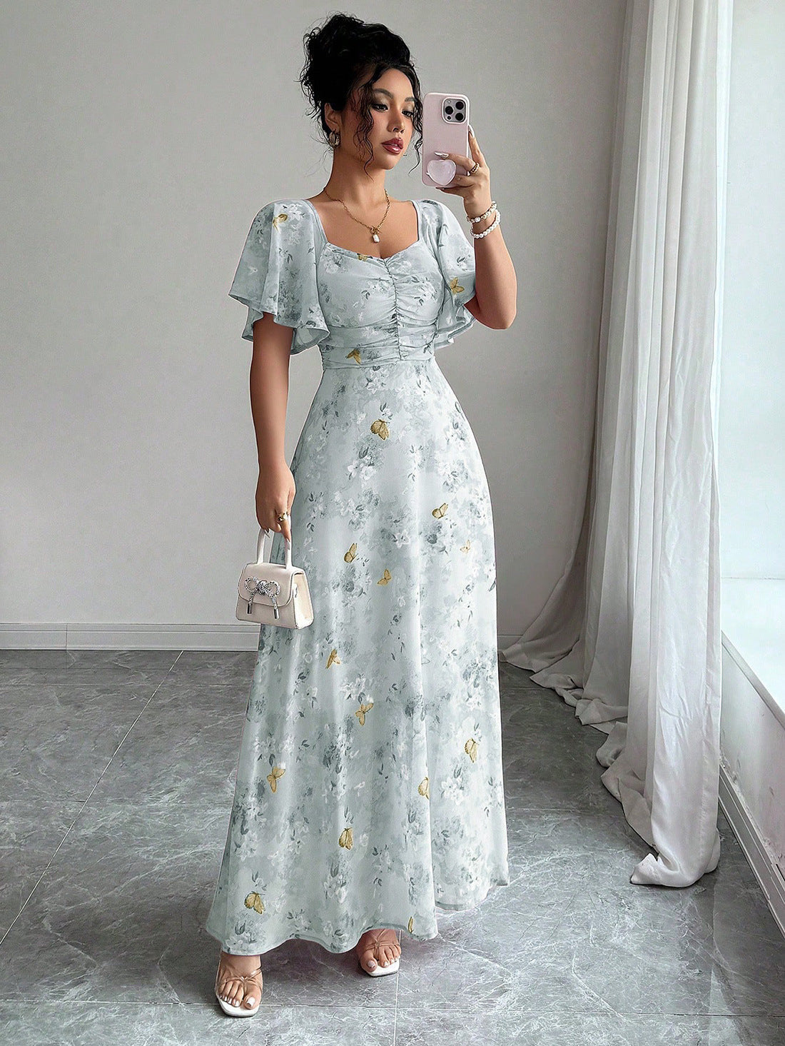 Floral Print Maxi Dress with Flutter Sleeves and Ruched Bust