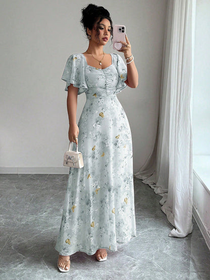 Floral Print Maxi Dress with Flutter Sleeves and Ruched Bust