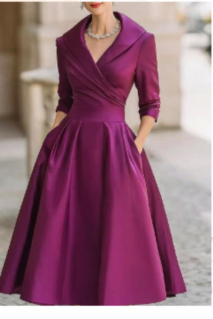 A-Line Midi Dress with Shawl Collar and Cuffed 3/4 Sleeves