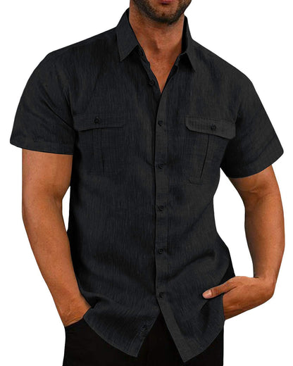 Solid Polyester Short Sleeve Button-Up Shirt with Dual Pockets