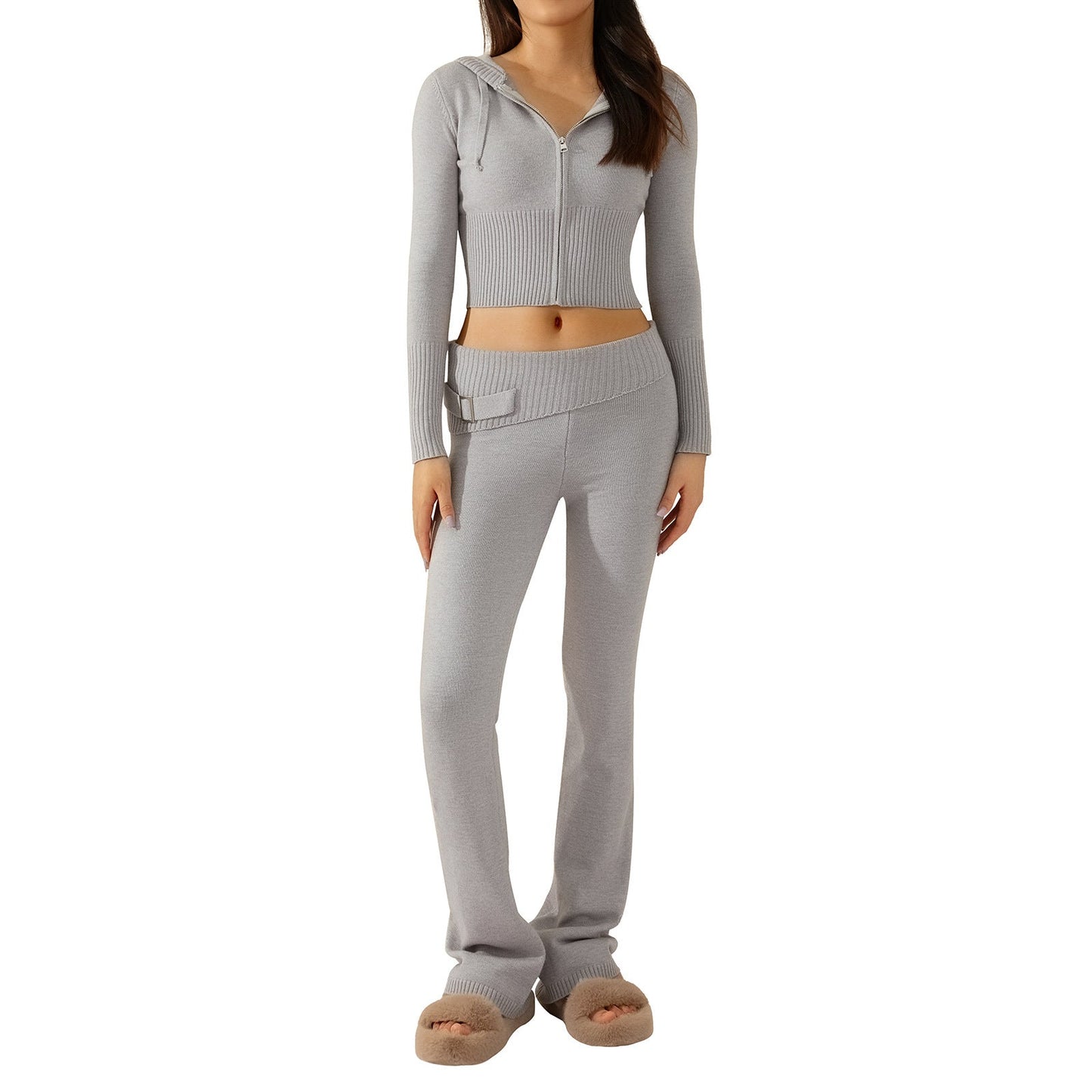 Ribbed Knit Two-Piece Set with Cropped Zip Hoodie and Flare Pants