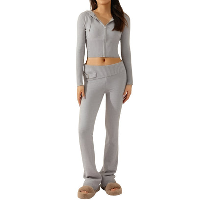 Ribbed Knit Two-Piece Set with Cropped Zip Hoodie and Flare Pants