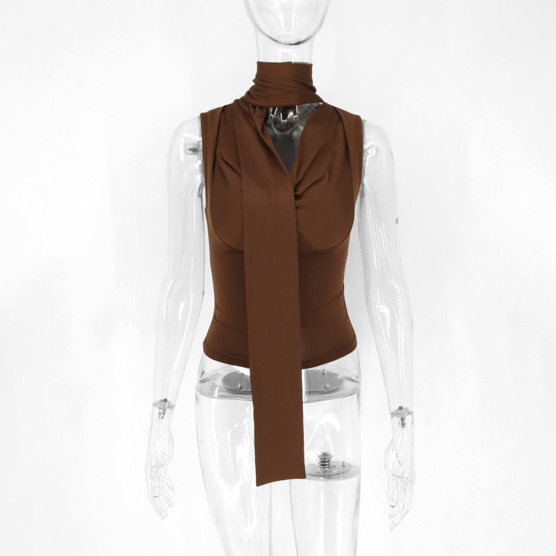 Ruched Sleeveless Top with Cowl Neck and Scarf Tie