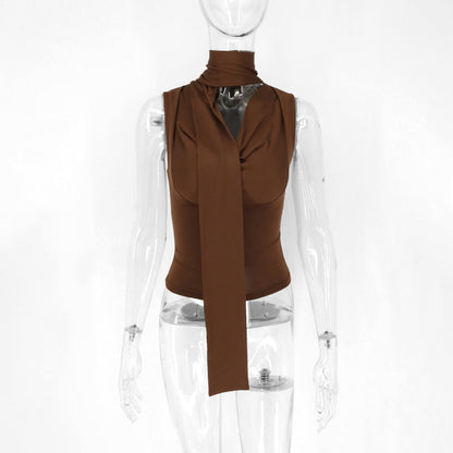 Ruched Sleeveless Top with Cowl Neck and Scarf Tie
