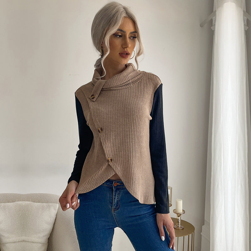 Solid Ribbed Knit Top with Stacked Collar and Asymmetrical Button Front