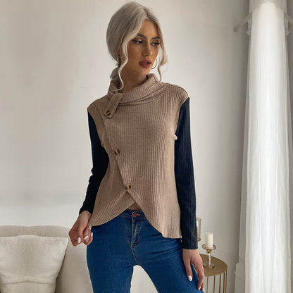 Solid Ribbed Knit Top with Stacked Collar and Asymmetrical Button Front