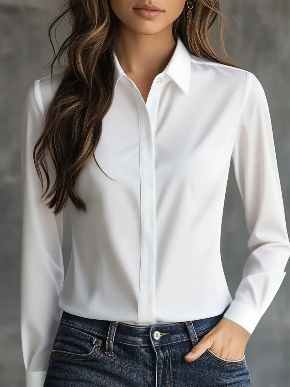 Solid Long-Sleeve Button-Down Blouse in Polyester