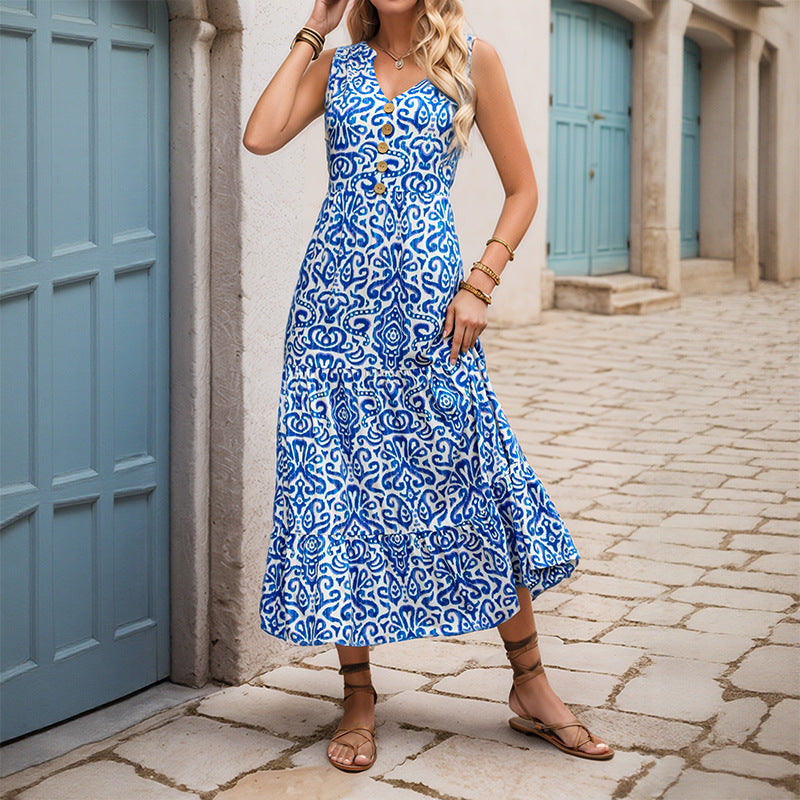 Abstract Print V-Neck Midi Dress with Tiered Skirt