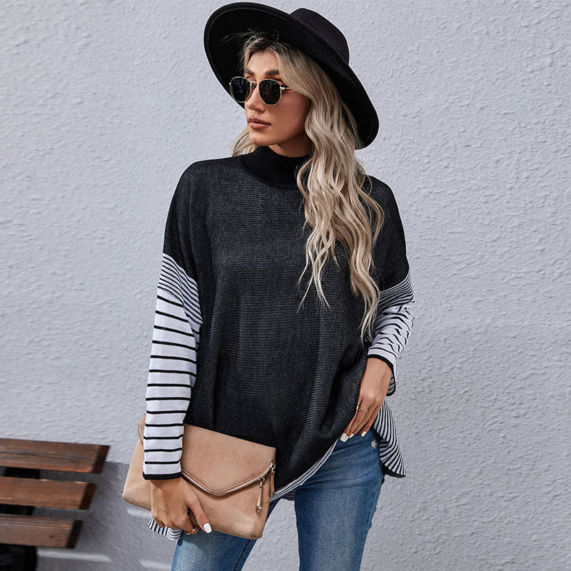 Striped Loose Fit Sweater with Mock Neck