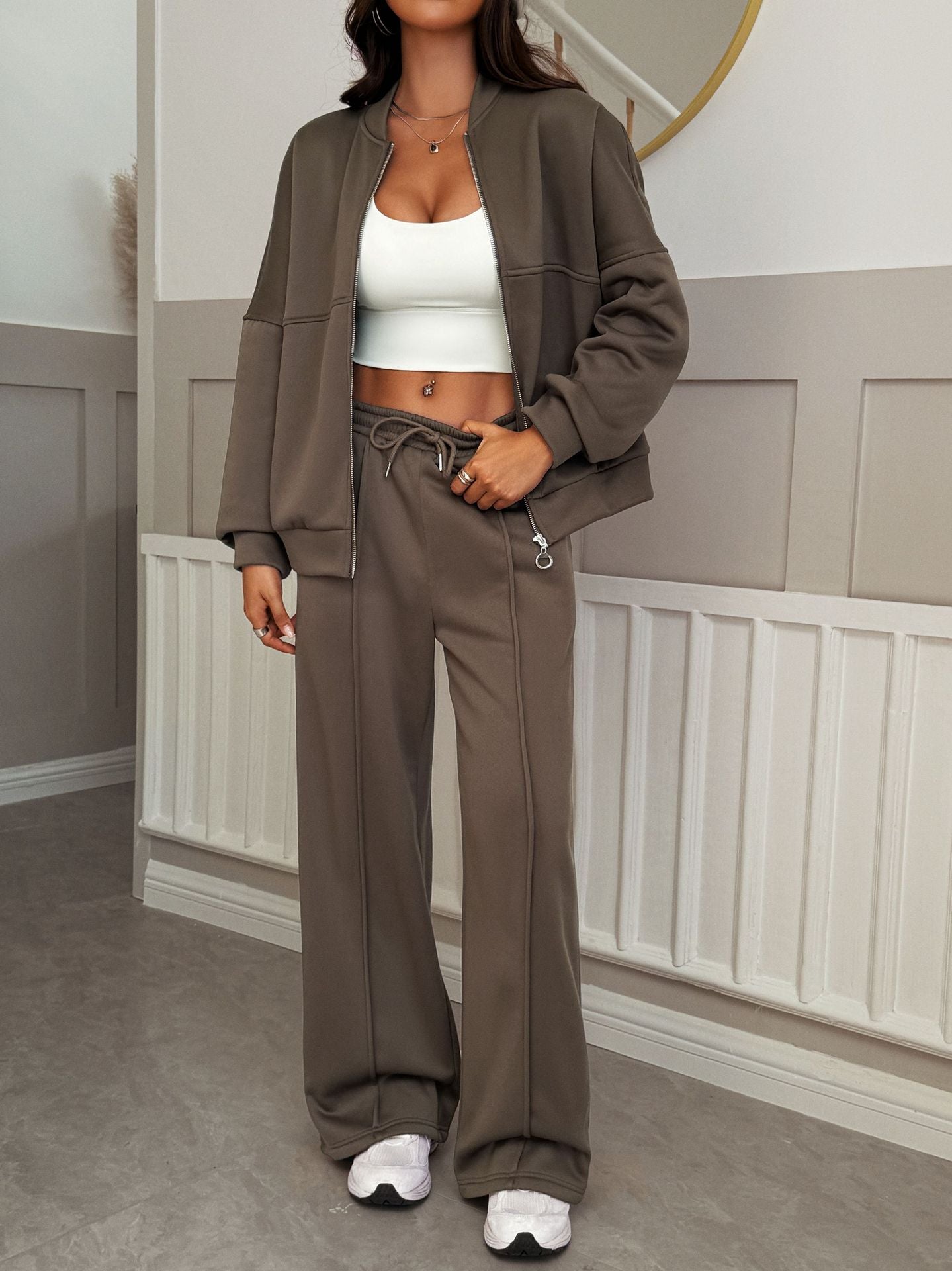Solid Knit Tracksuit with Full-Zip Jacket and Wide-Leg Pants