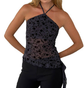 Asymmetrical Halter Crop Top with Mesh Panel and Ruffle Trim