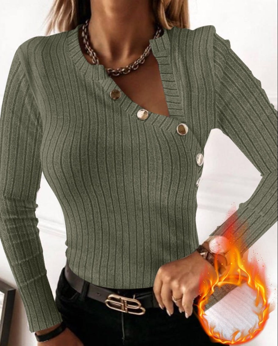 Slim Fit Ribbed Knit Top with Asymmetrical Button Front