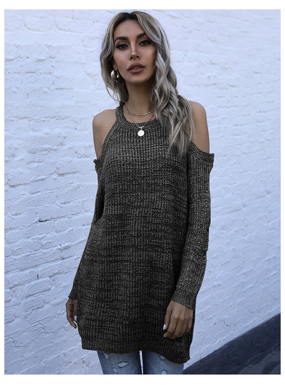 Solid Knit Tunic with Cold Shoulder and Crewneck