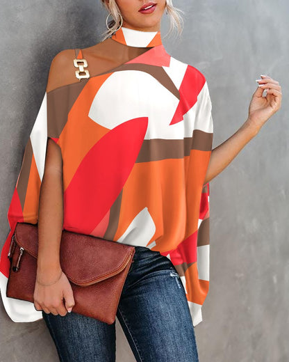 Printed Loose Top with Choker Neck and One-Shoulder Cutout