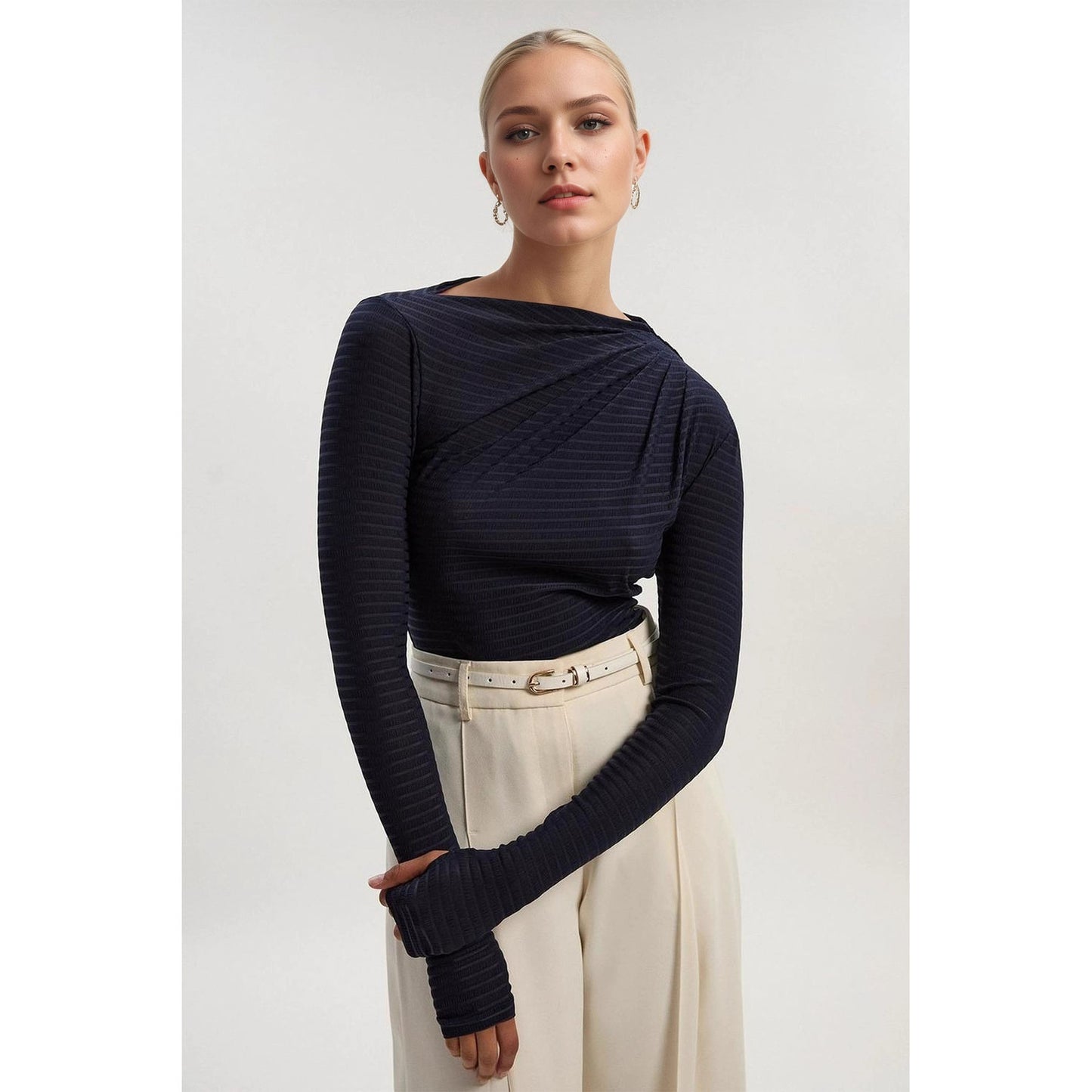 Ribbed Knit Top with Diagonal Draped Collar and Thumbholes