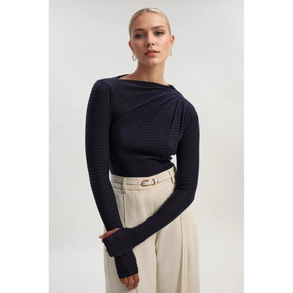 Ribbed Knit Top with Diagonal Draped Collar and Thumbholes