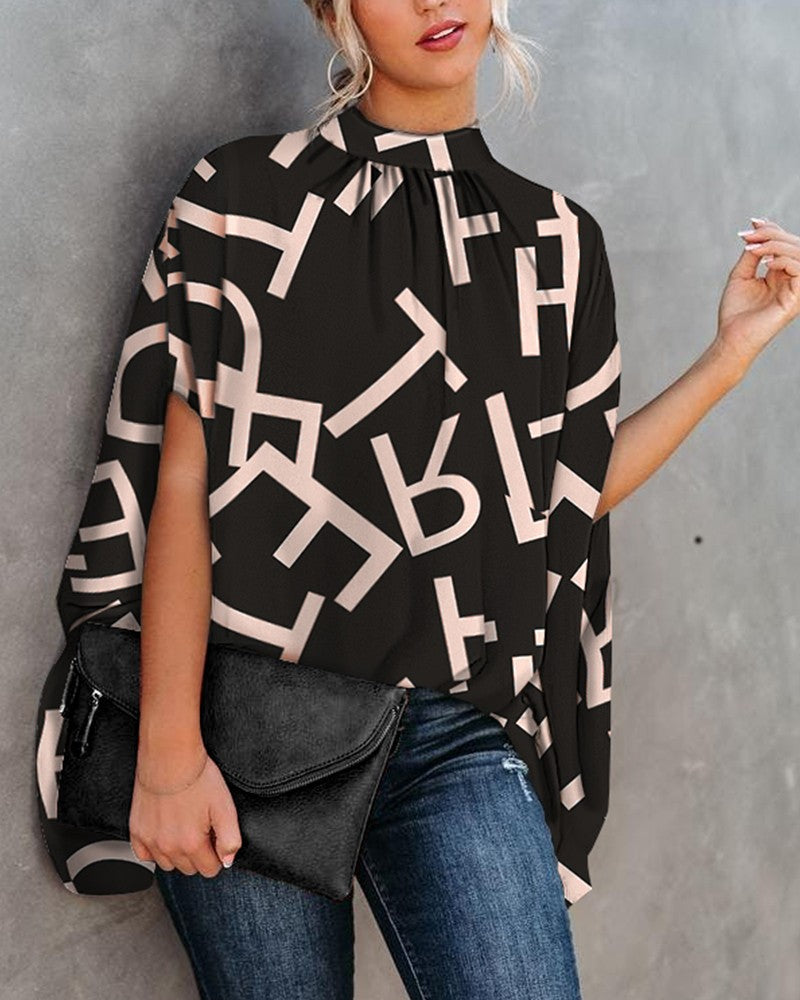 Loose Letter Print Blouse with Mock Neck and Cape Sleeves