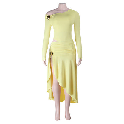 High-Waisted Long Sleeve Hollow-Out Shoulder Dress Solid Color