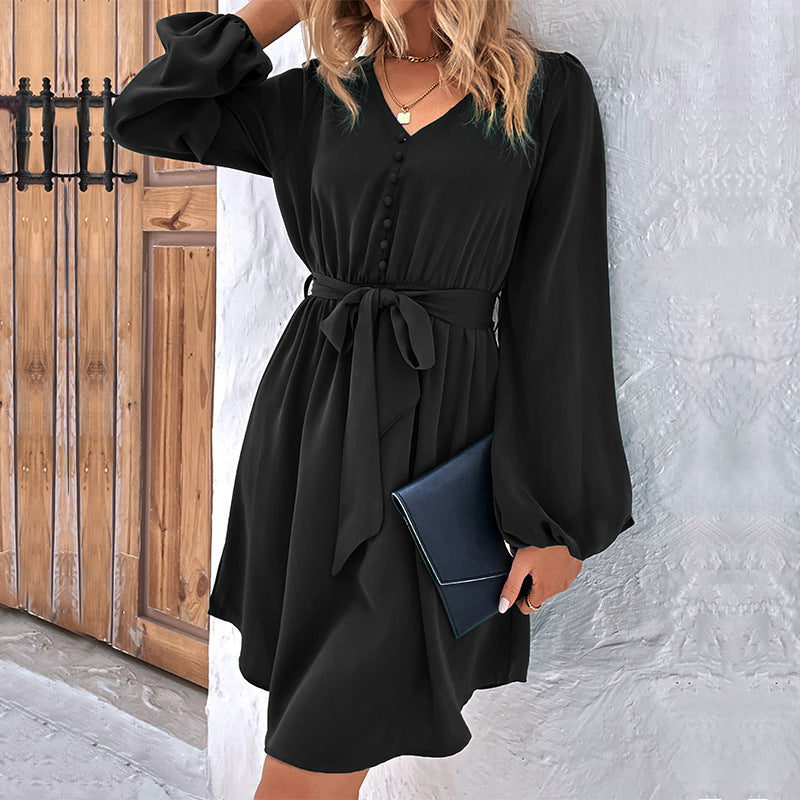 Solid A-Line Mini Dress with V-Neck and Tie Waist