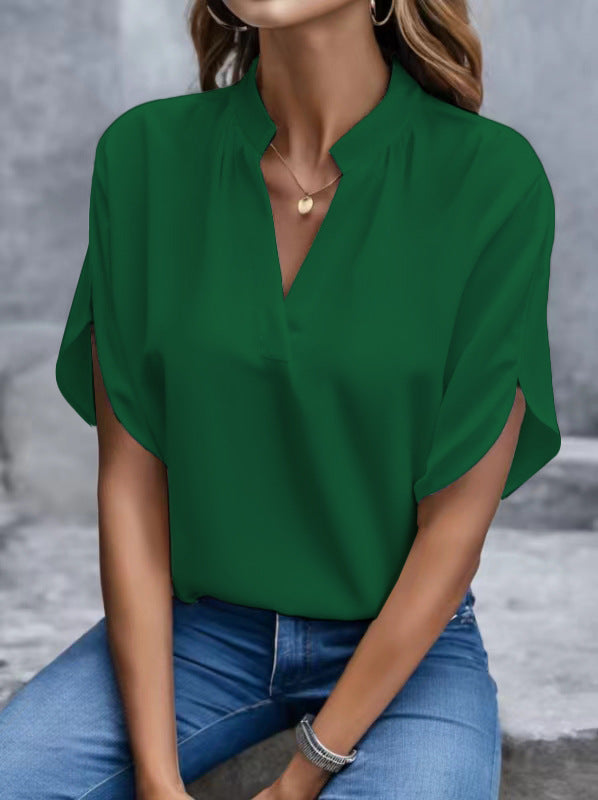 Loose Blouse with Split V-Neck and Slit Short Sleeves