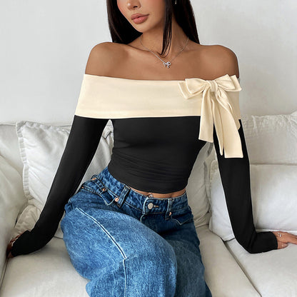 Color-Blocked Off-Shoulder Top with Bow Detail