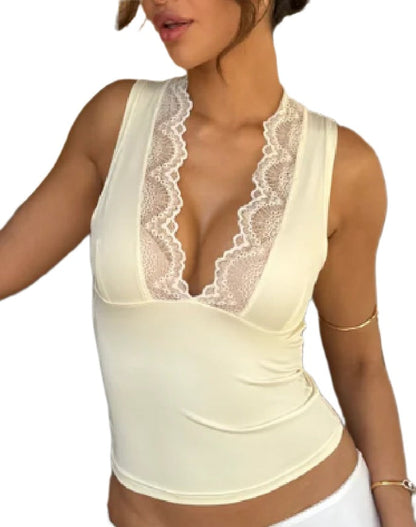 Slim Fit Sleeveless Top with Lace Trim and V-Neck