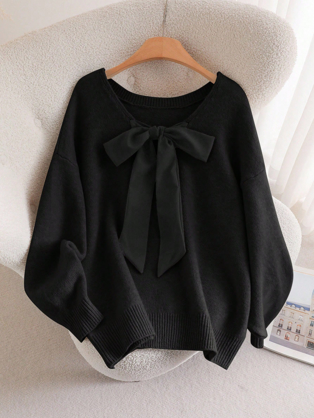 Loose V-Neck Knit Sweater with Oversized Bow Tie
