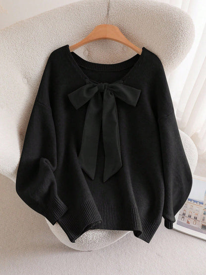 Loose V-Neck Knit Sweater with Oversized Bow Tie