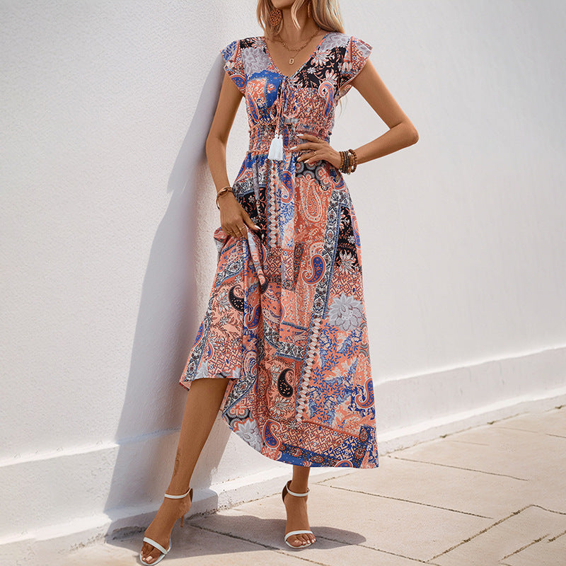 Paisley Patchwork A-Line Midi Dress with V-Neck