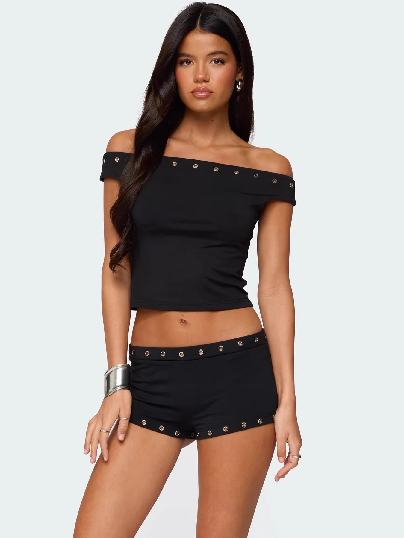 Bodycon Off-the-Shoulder Shorts Set with Rivet Detail