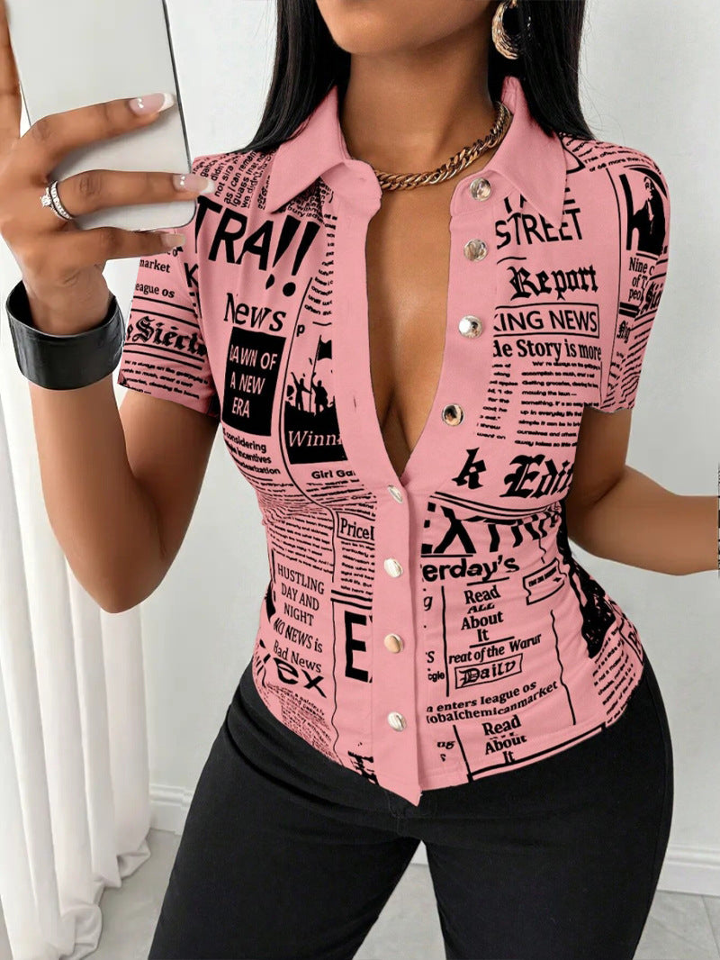 Newspaper Print Short Sleeve Shirt with V-Neck