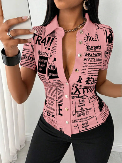 Newspaper Print Short Sleeve Shirt with V-Neck