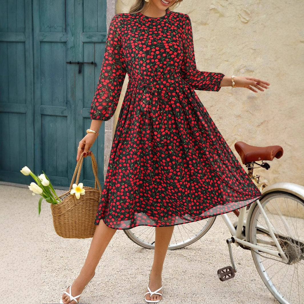 Floral A-Line Midi Dress with Lantern Sleeves