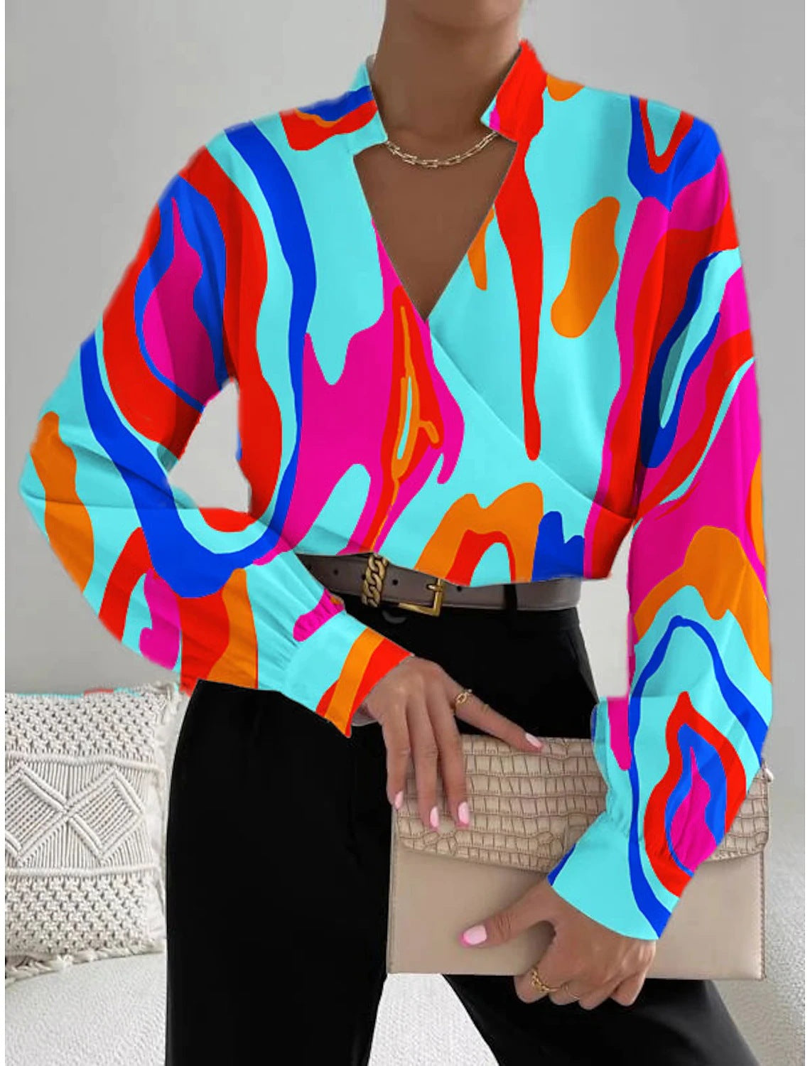 Floral Print V-Neck Blouse with Long Sleeves