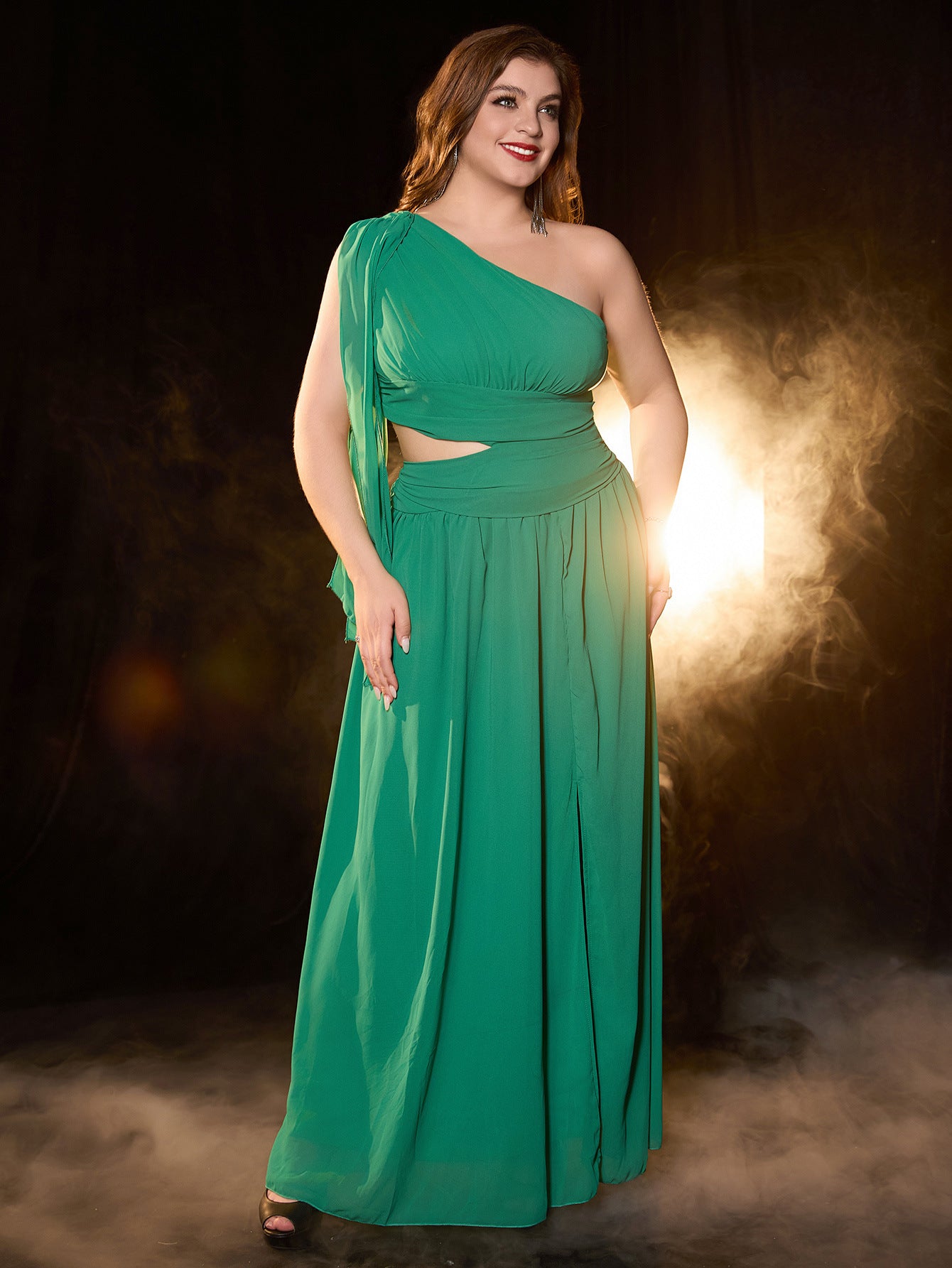 A-Line Long Dress with One-Shoulder and Waist Cut-Out