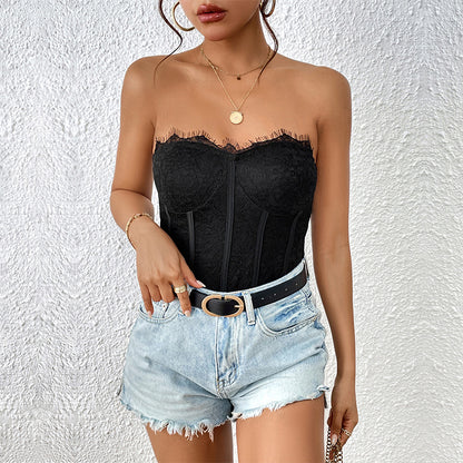 Lace Bustier Bodysuit with Boning and Strapless Neckline
