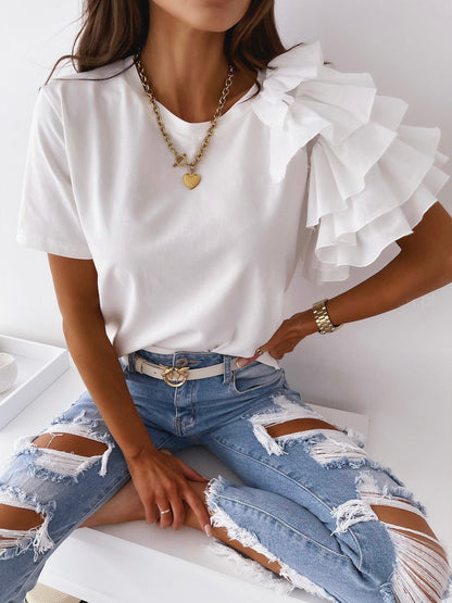 Solid Crewneck T-Shirt with Ruffled Short Sleeves